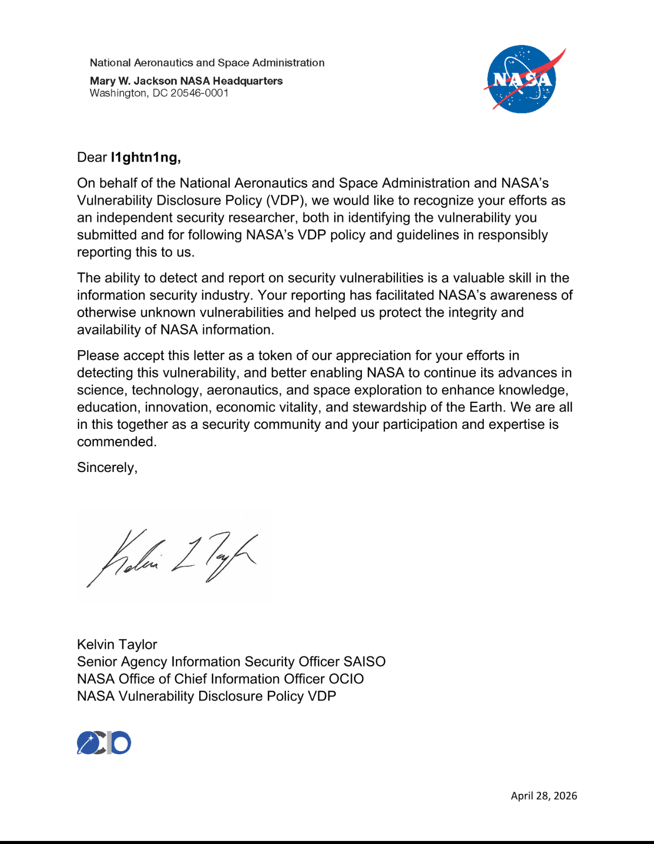 Carta oficial da NASA — reconhecimento de Victor Fornitani (l1ghtn1ng) por descoberta e reporte responsável de vulnerabilidade. Assinada por Kelvin Taylor, SAISO, NASA OCIO. 28 de abril de 2026.